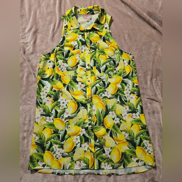 Show Me Your MUMU Citrus Splash Lemon Button Down Sleeveless Collar Dress Size L